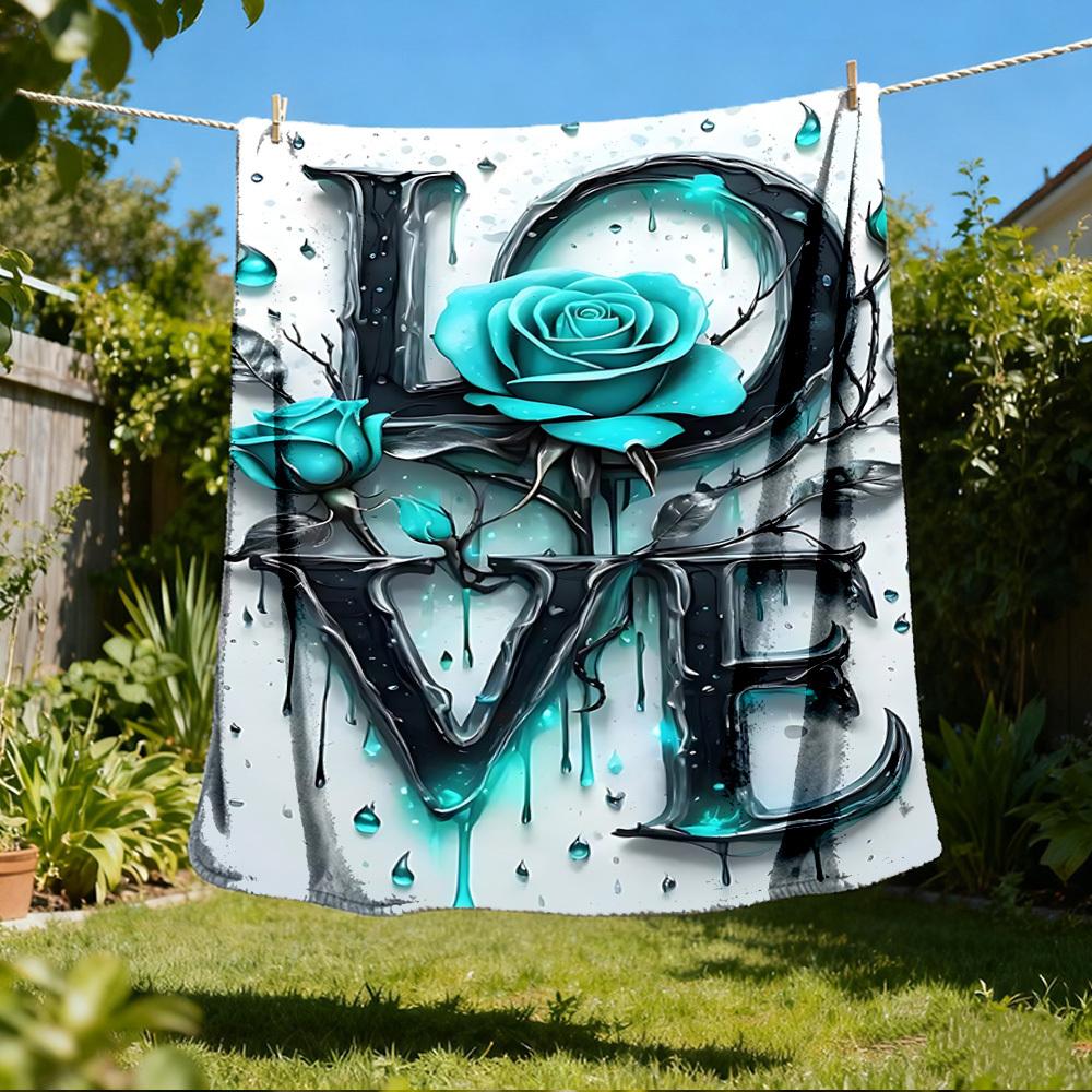 1pc Love Rose Outdoor Flannel Blanket Soft All Season Polyester Throw , Perfect for Picnics & Travel , Picnic Accessory