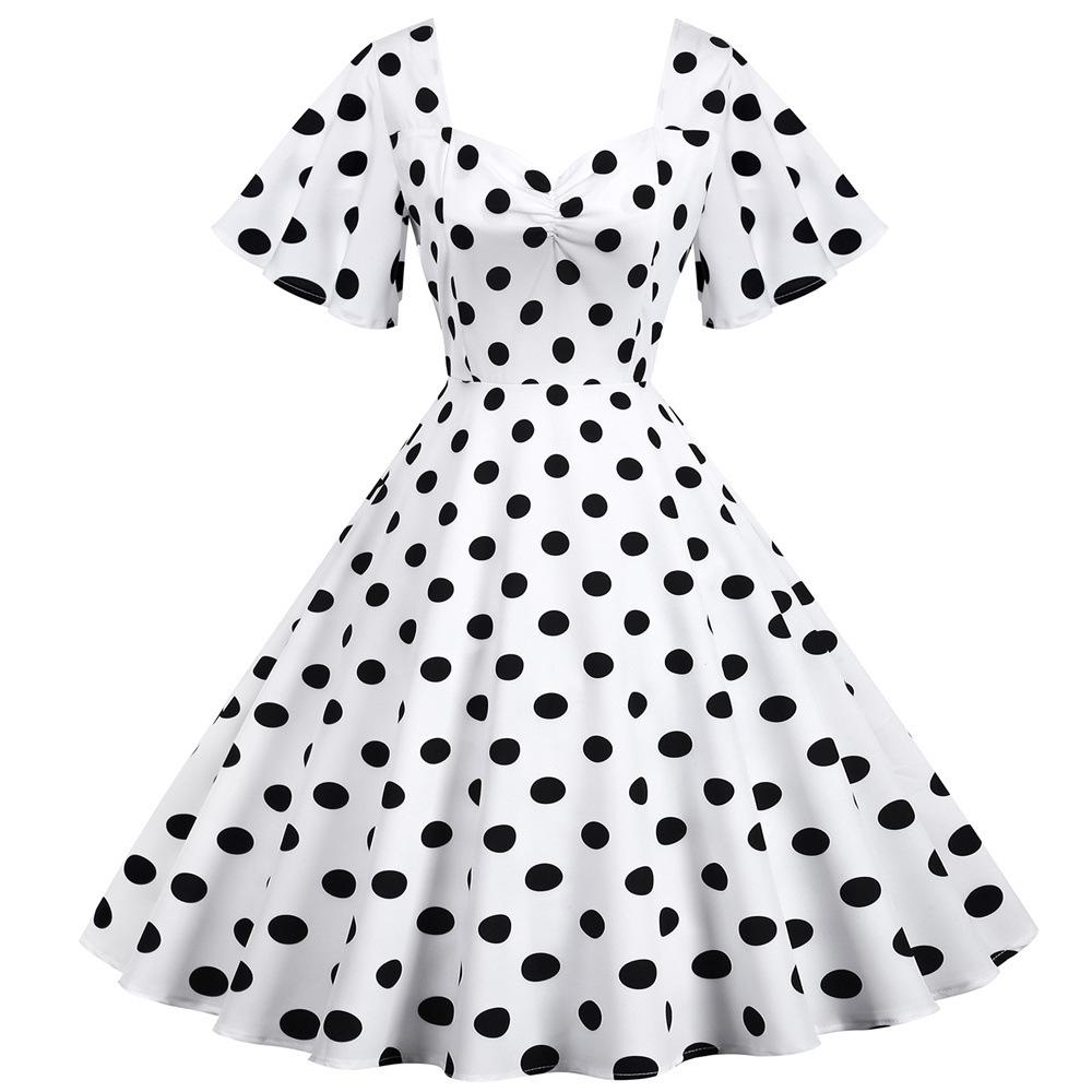 2021 Retro Polka Dot Print Swing Dress with Belt - Casual & Slim Fit