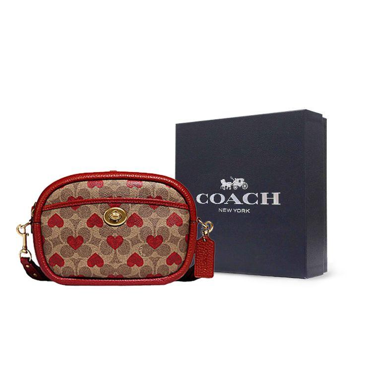 Coach Classic Monogram Turnlock Canvas And Leather Camera Bag Women Shoulder Bag Brown Red C8390-B4P22