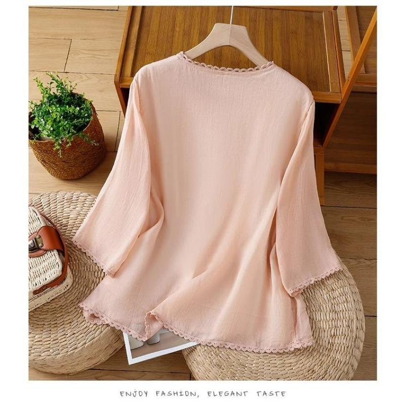 Женские рубашки в национальном стиле, литературные, ретро, с вышивкой, с рукавом три четверти, летние, на косых пуговицах, новые топы в стиле дзен