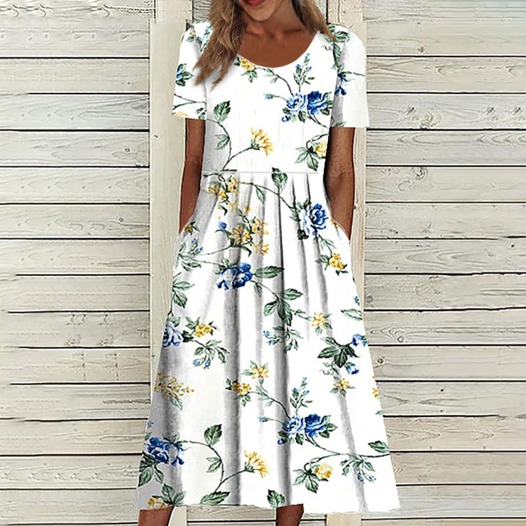 Женское летнее повседневное модное платье с коротким рукавом и карманом с цветочным принтом и круглым вырезом
