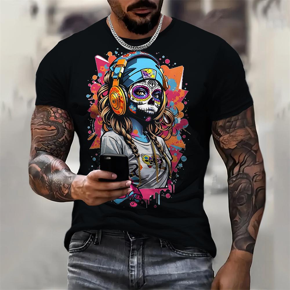 Ретро мужская футболка с рисунком в стиле рок, 3D-печать, модная летняя повседневная футболка с коротким рукавом и круглым вырезом, черные белые классические футболки