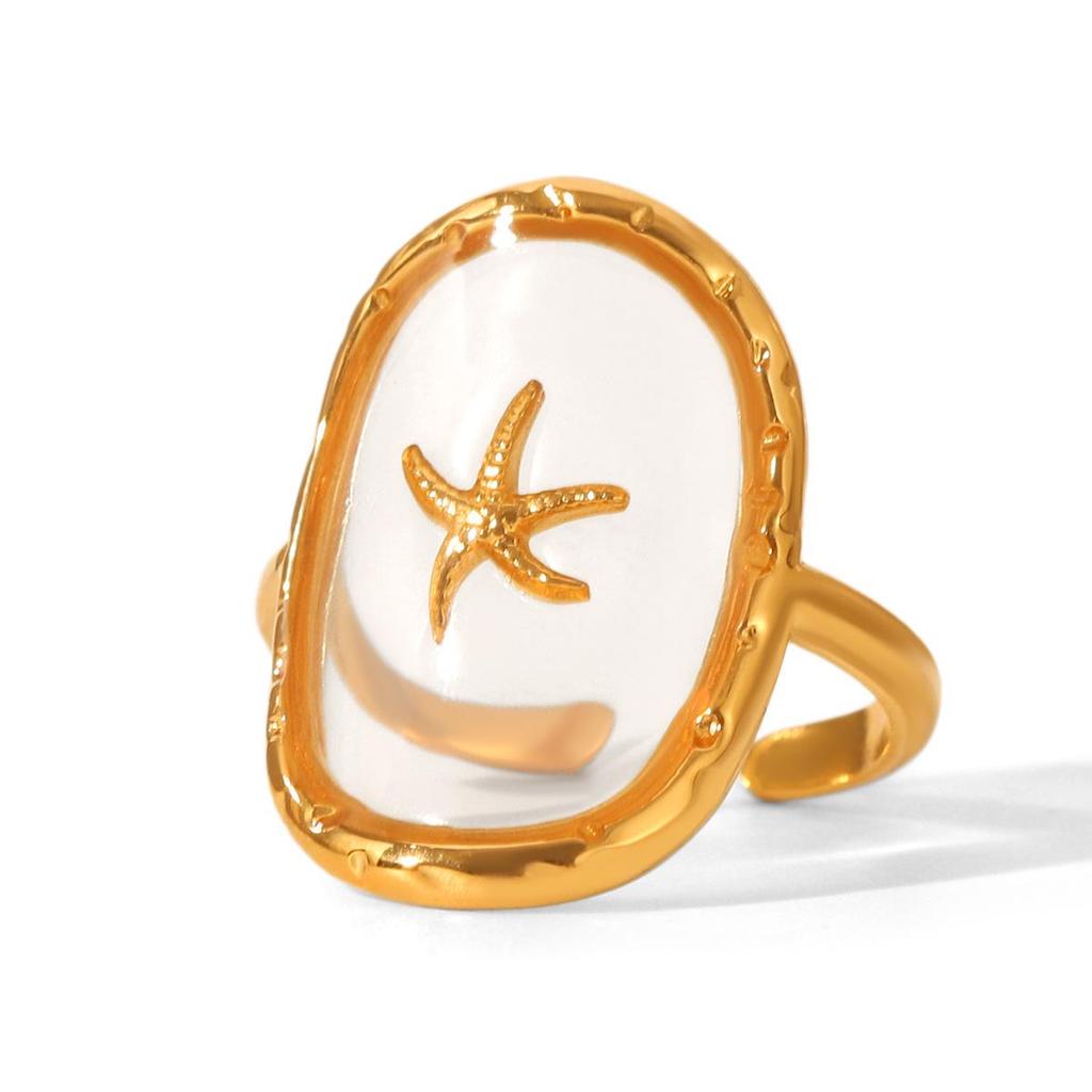 European-American Luxury Open Ring: 18k Gold-Plated Stainless Steel with Epoxy Sun Design for Women