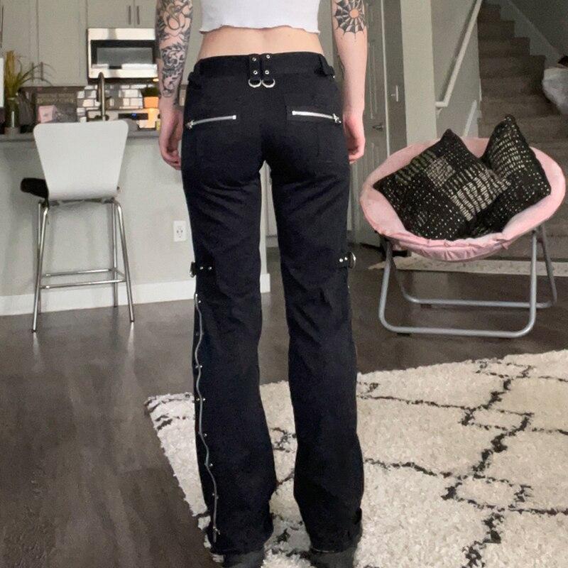 Rockmore Gothic Skinny Low Waist Jeans Woman Punk Cargo Pants Rivet Dark Academic Black Denim Trousers Capri Fashion Streetwear