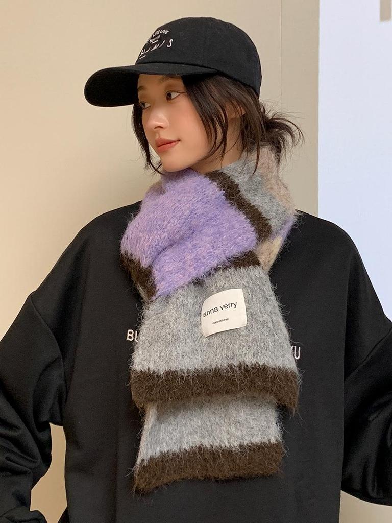 Зимний шарф из мохера в разноцветную полоску 2024 года: Универсальный, теплый, модный японско-корейский контрастный шейный платок для пар