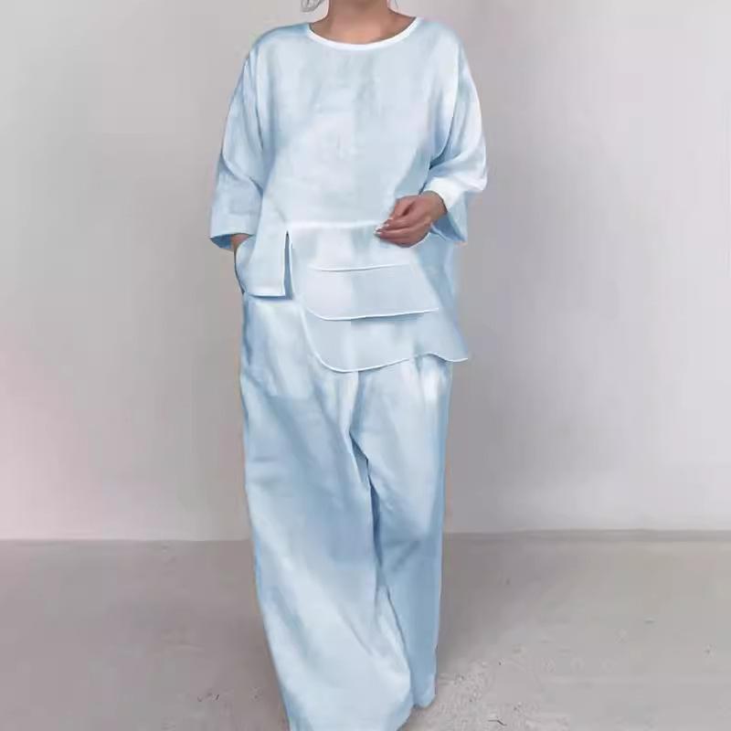 Round Neck Satin Layered Design Top and Wide Leg Pants Set