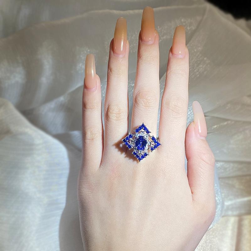 Блестящий Синий Циркон Кольцо Мода Геометрической Формы Высококачественные Ювелирные Изделия Для Вечеринок Роскошное Свадебное Обручальное Кольцо Коктейльная Вечеринка Ювелирные Изделия Открытие Регулируемое Кольцо