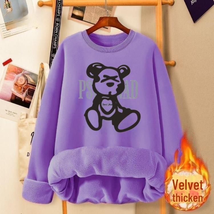 2024 Autumn Winter Women Fashionable Velvet Thickened Cartoon Print Loose Fit Round Neck Sweatshirt Top