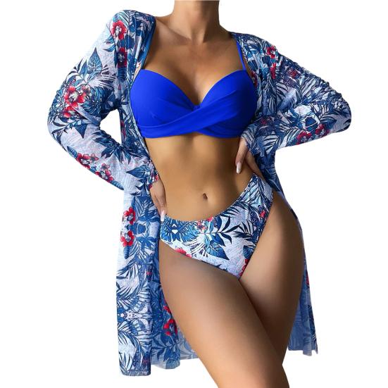 3 шт./компл. Женский комплект бикини с цветочным принтом, раздельный, на бретелях, с подкладкой, купальник-спагетти, сексуальный, с длинным рукавом, EMA