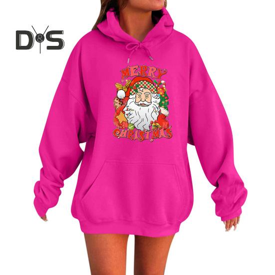 Женская рождественская толстовка с капюшоном с принтом Санта-Клауса, свободная, толстая, с длинными рукавами, эластичными манжетами и подолом, праздничная толстовка с капюшоном на шнурке и карманом