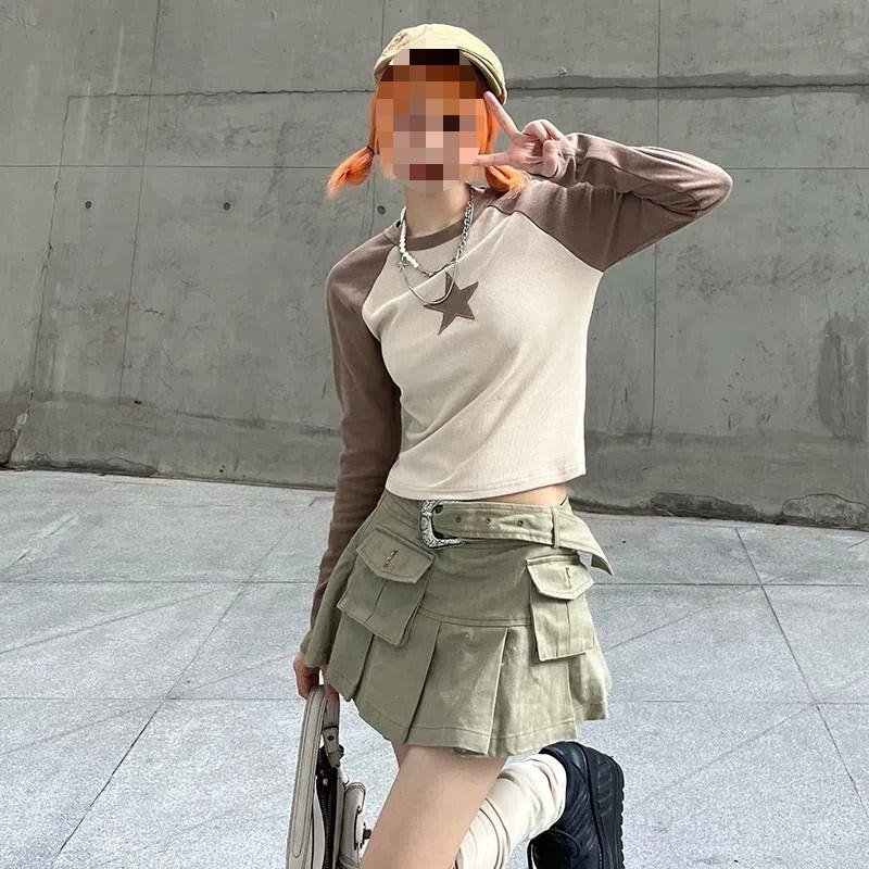 Y2K звезда наклейка уличная пикантная девушка личность топ контрастный цвет круглый вырез с длинными рукавами женская футболка