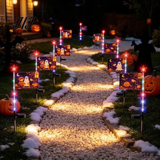 Solar Powered Yard Decorations with Starlight Strings Halloween Garden Stake Light, Pumpkin Ghost Cartoon Sign Outdoor Lights LED Fairy Lights,