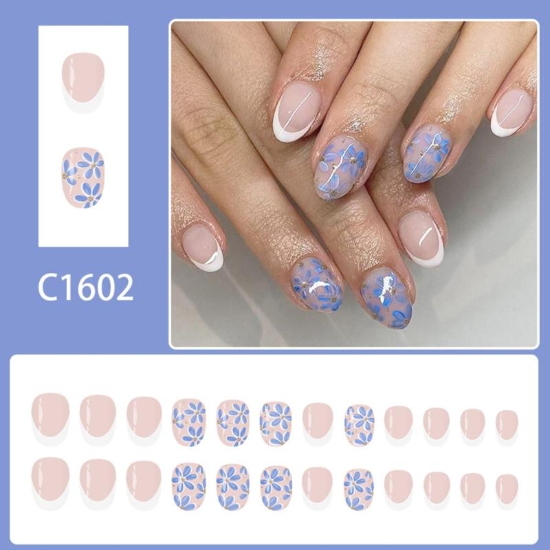 Pack Of 24 Fake Nail White French Blue Floral Glossy Short Oval Shape Press On Nail With Shimmering Finish ABS Build