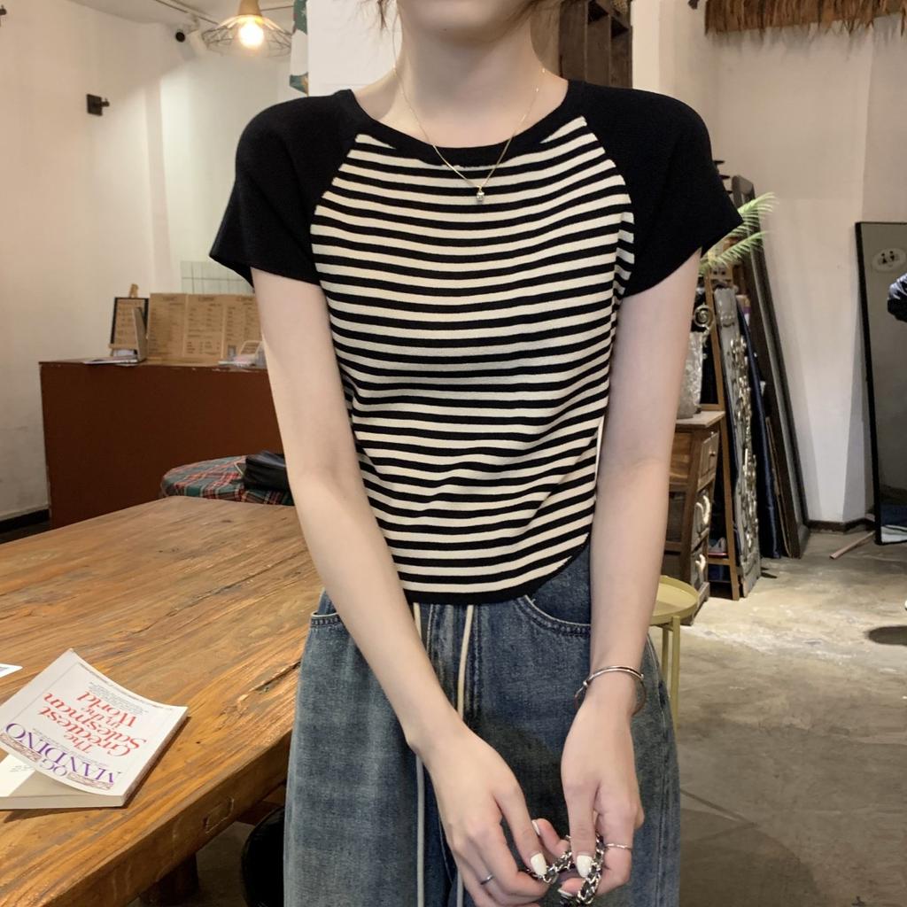 Summer Temperament Shoulder-length Contrasting Stripes Versatile Ice-cool Knitted Sweater Short-sleeved T-shirt Women's Top