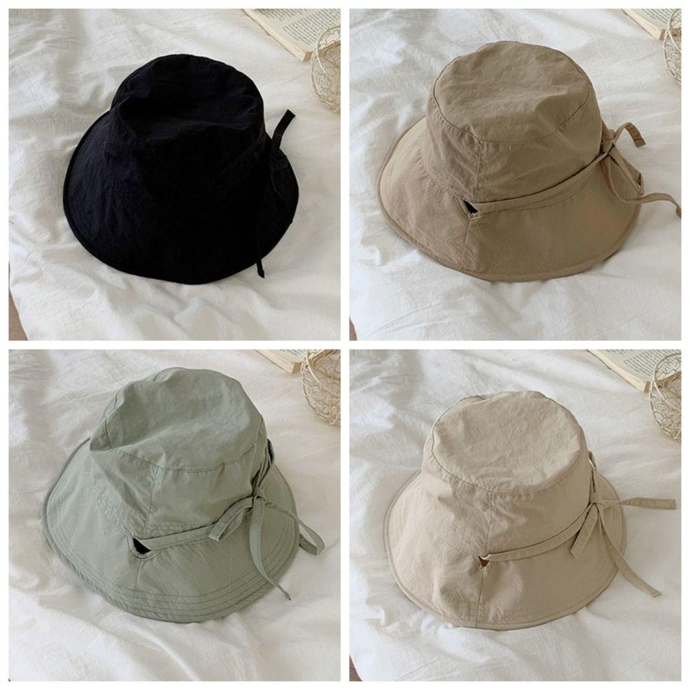 Visor Cap Bow Bucket Hat Solid Color Summer Sun Hat Fashion Sunscreen Fisherman Hat Travel