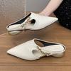 New Style Retro Pointed Toe Metal Chain Semi-slippers Women's Outward Wear Fashion Baotou Shallow Mouth Simple Low-heeled Shoes