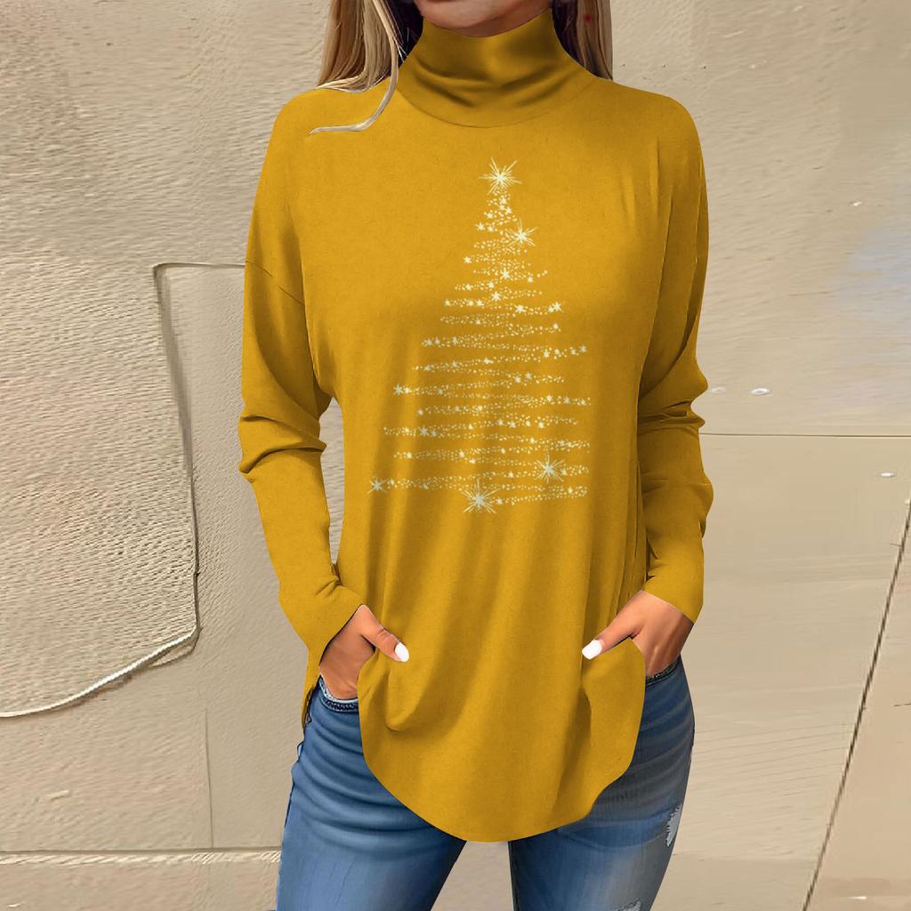 Women's Fashionable Loose-Fit High-Neck T-Shirt With Christmas Print Long-Sleeved Top