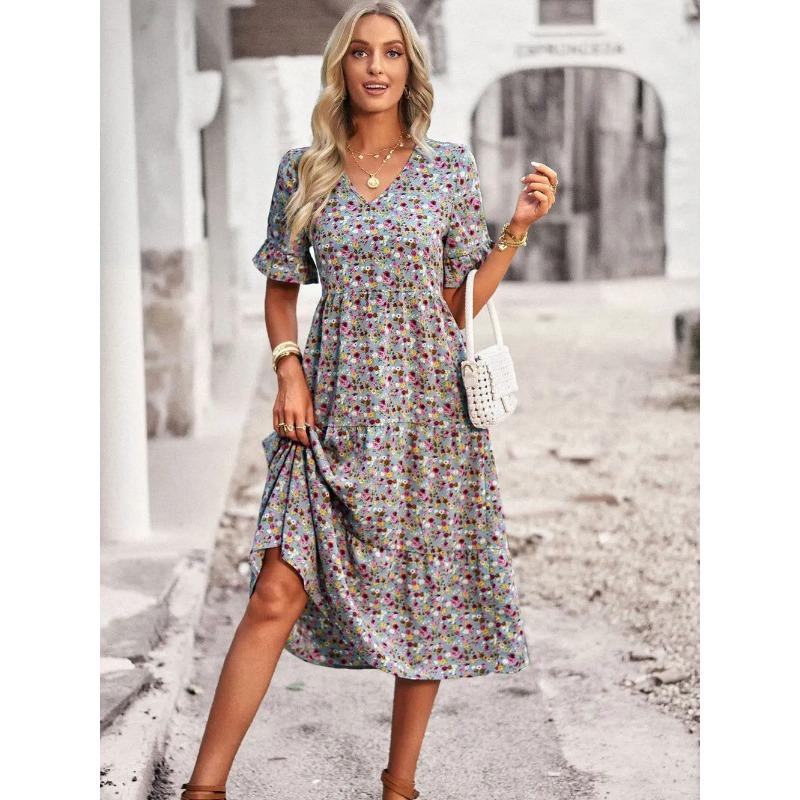 Summer Women V Neck Elegant Printed Short Sleeve High Waist A Line Floral Holiday Dress