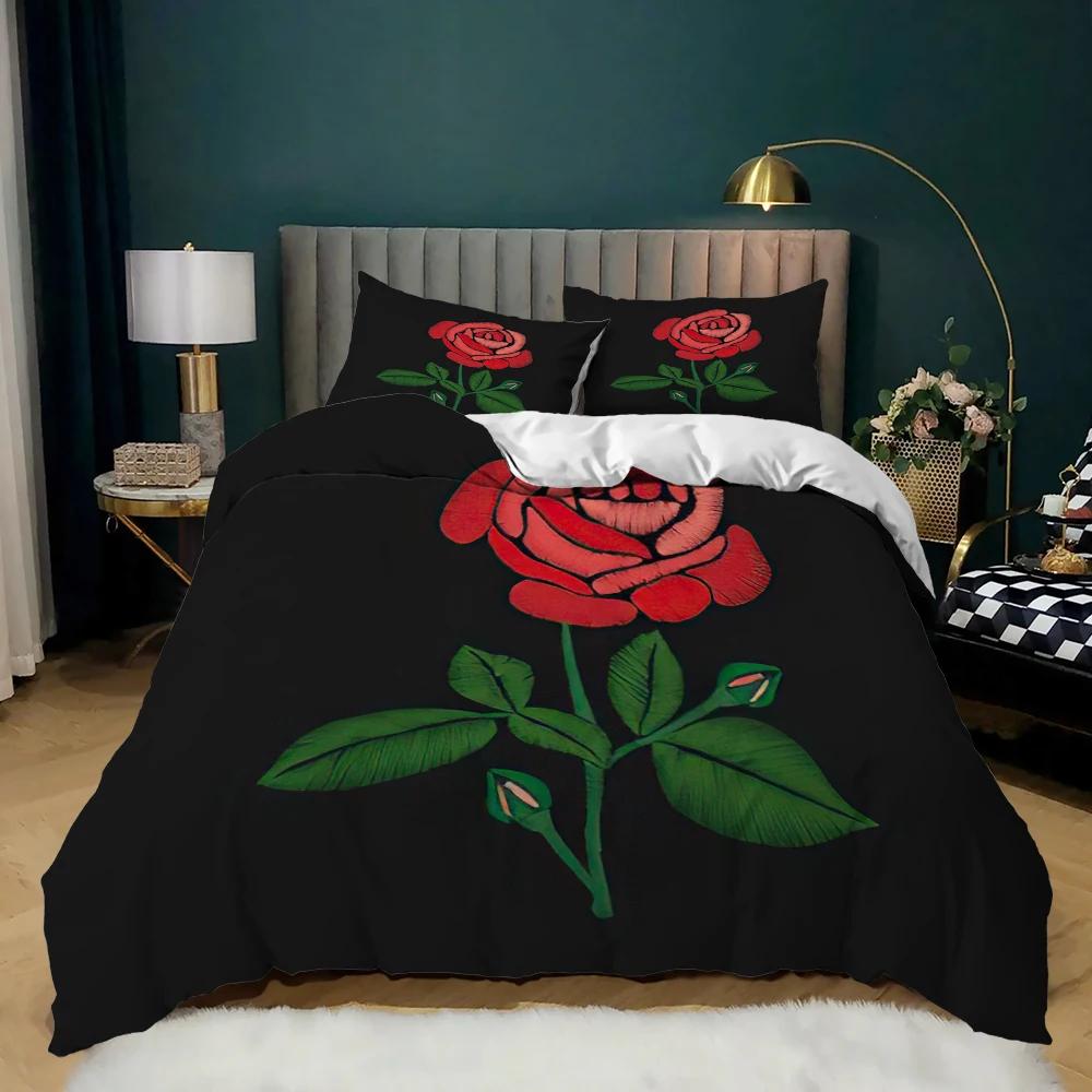 Комплект пододеяльника "Красная роза" Мягкий Роскошный 3D Цветок розы Односпальный Постельный комплект 2/3 предмета Романтический Полиэстеровый Пододеяльник с застежкой-молнией