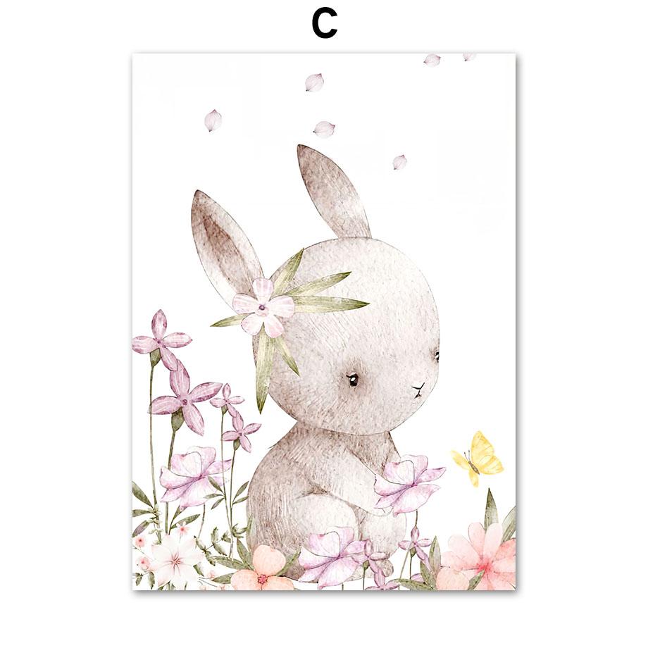 Розовый кролик для девочек, имя цветка на заказ, настенное искусство для детской комнаты, печать на холсте, картина с кроликом, постер, мультяшная картина для декора детской комнаты