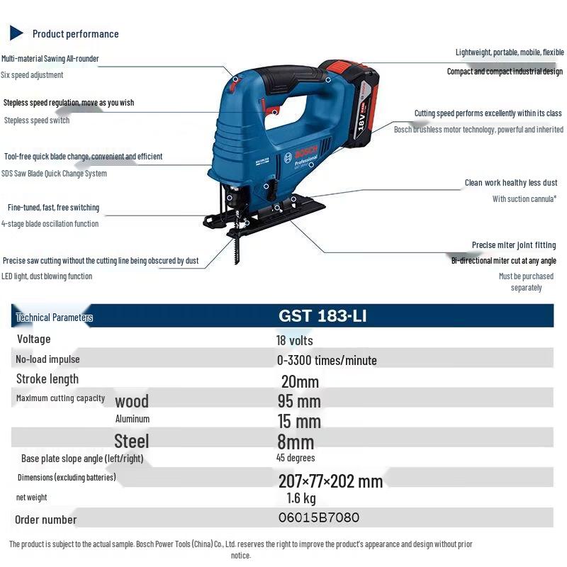 Bosch GST183-Li Cordless Brushless Jigsaw CN plug (adapter included)