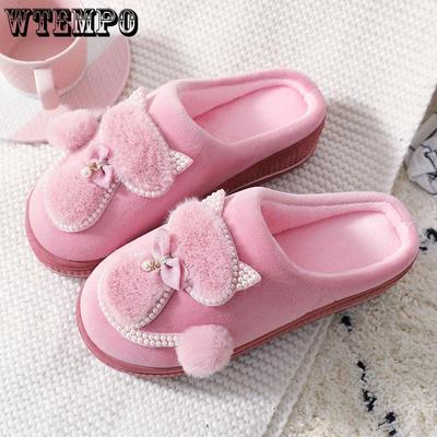 Милые Повседневные Толстые На Плоском Каблуке Нескользящие Мягкие Плюшевые Тапочки Осень Зима Большой Размер Пара Домашние Теплые Тапочки