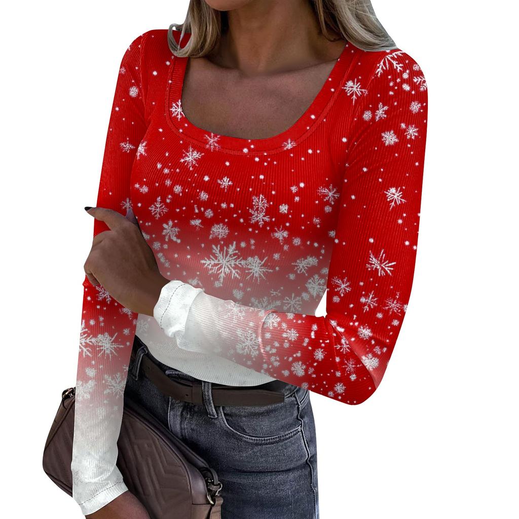 Женская мода Slim Bottom Casual с длинным рукавом и рождественским принтом пуловер с U-образным вырезом