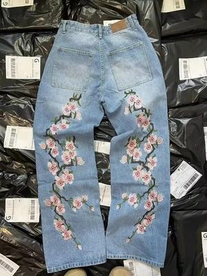 Джинсы Y2K Харадзюку Ретро Художественный принт с вишневым цветом Джинсовые брюки Мужские Женские Уличные Свободные Брюки Прямого Покроя