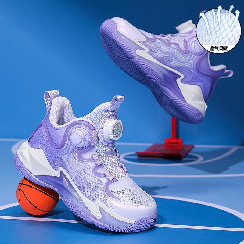 Breathable Single and Double Mesh Children's Basketball Shoes Boys 2025 Summer New Girls Non-slip Rotating Button Sneakers