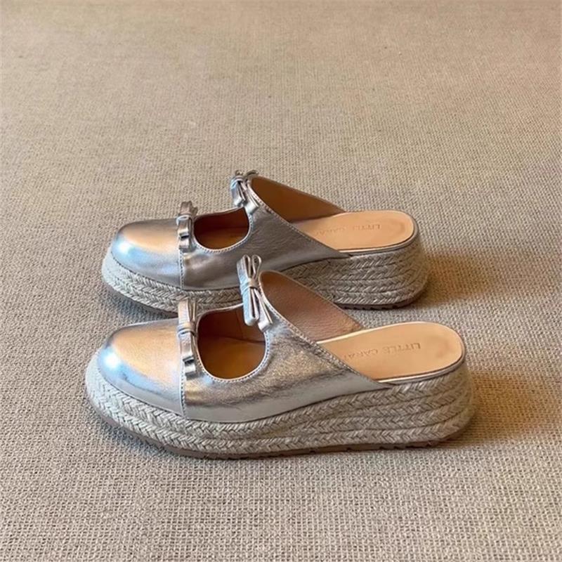 Новый китайский стиль ретро толстая подошва соломенная плетеная сумка головной бант крутые тапочки 2025 лето новая обувь полутапочки женские