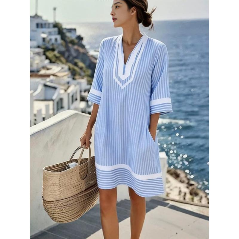 Bohemian V Neck Loose Fit 3 4 Sleeve Beach Vacation Dress