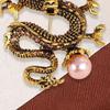 Chinese Style Brooch Men Enamel Dragon Shape Faux Pearl Pin Clothing Coat Badge Jewelry Party Accessories