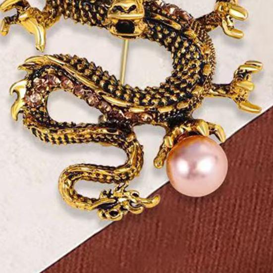 Chinese Style Brooch Men Enamel Dragon Shape Faux Pearl Pin Clothing Coat Badge Jewelry Party Accessories
