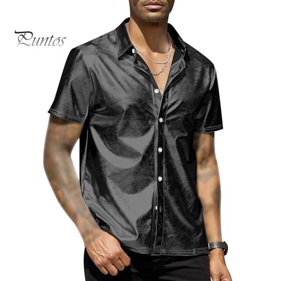 Мужская летняя рубашка с глянцевой поверхностью, отложным воротником, однобортный кардиган, свободная рубашка для вечеринок, повседневная одежда средней длины, топ