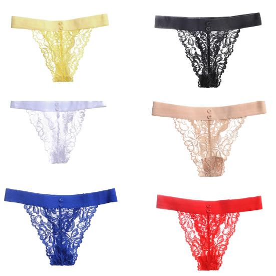 Sexy Women Underwear Buttons Embroidery Lace See-Through G-String Thong Panties