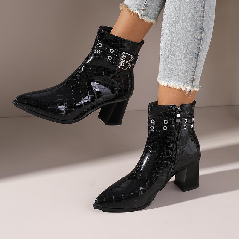 New Women'S Shoes-Pointed-Toe Short Boots With Side Zipper, Belt Buckle Detail, Chunky Heel, Warm-Perfect For Winter Jeans