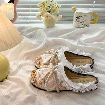 Женские повседневные балетки 2025 Лето Новые Кружевное плетение Дышащие соломенные тапочки Уличная мода Бант Удобные Нескользящие Полушлепки