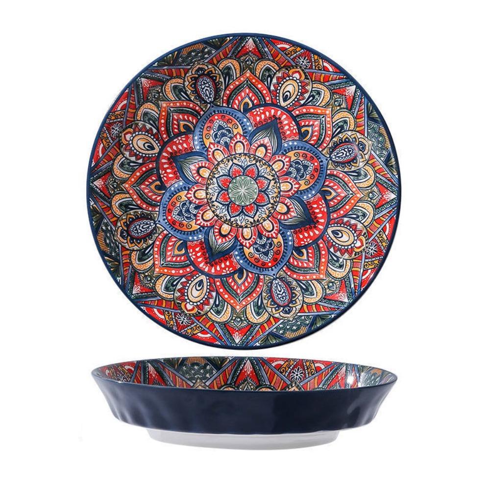 Round Bohemian Ceramic Plate Colorful Meal Dish Tableware Dinner Plate Housewarming Gift