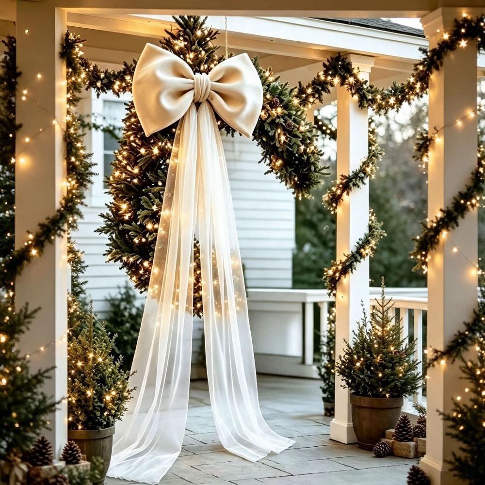 Long Tulle Drapes Christmas Tree Topper Bow Sheer Organza Tree Decorations Bow Christmas Tree