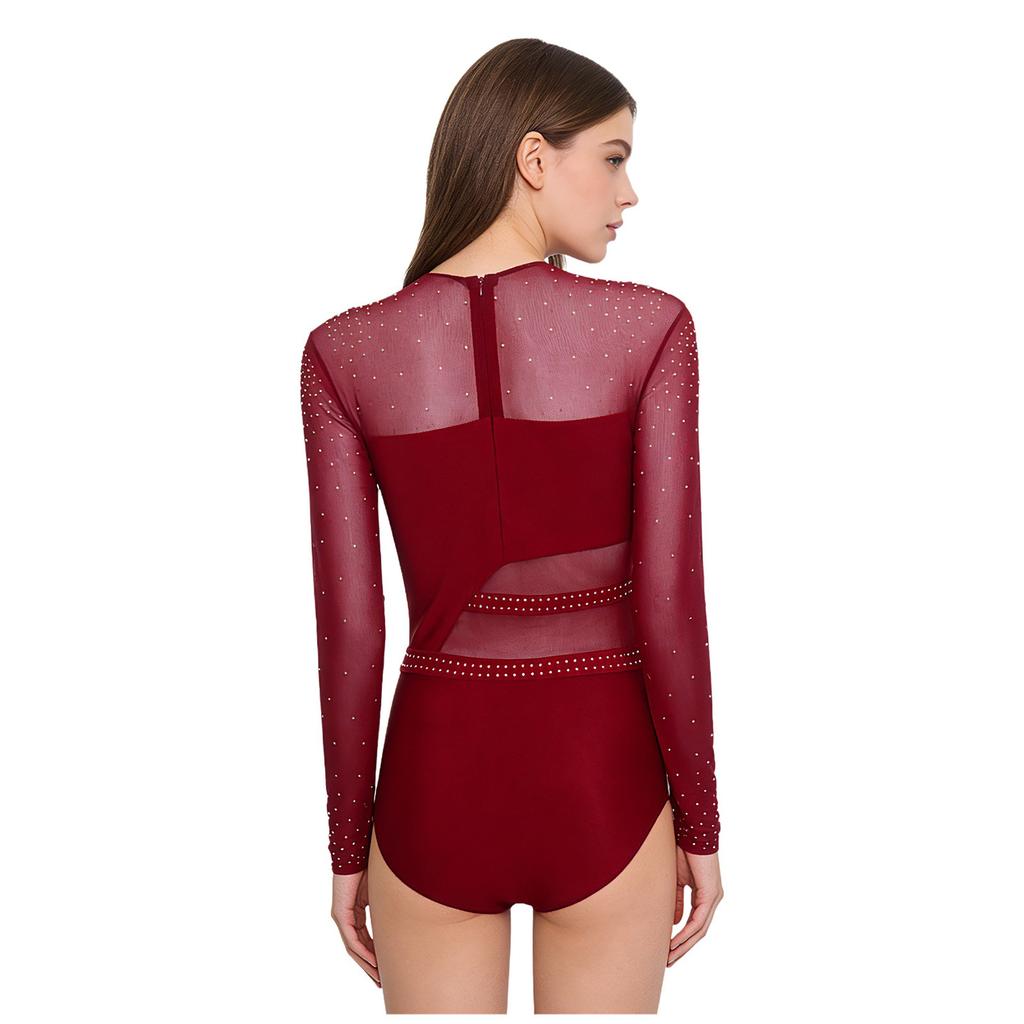 Women Shiny Rhinestones Patchwork Sheer Long Sleeve Color Block Gymnastics Leotard Bodysuit