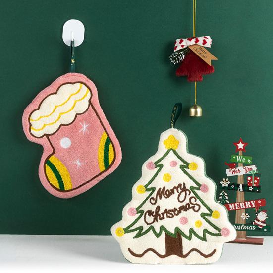 Christmas House Hand Towel Soft Absorbent Coral Fleece Towel Santa Claus Bells Design Quick-Drying Holiday Towel