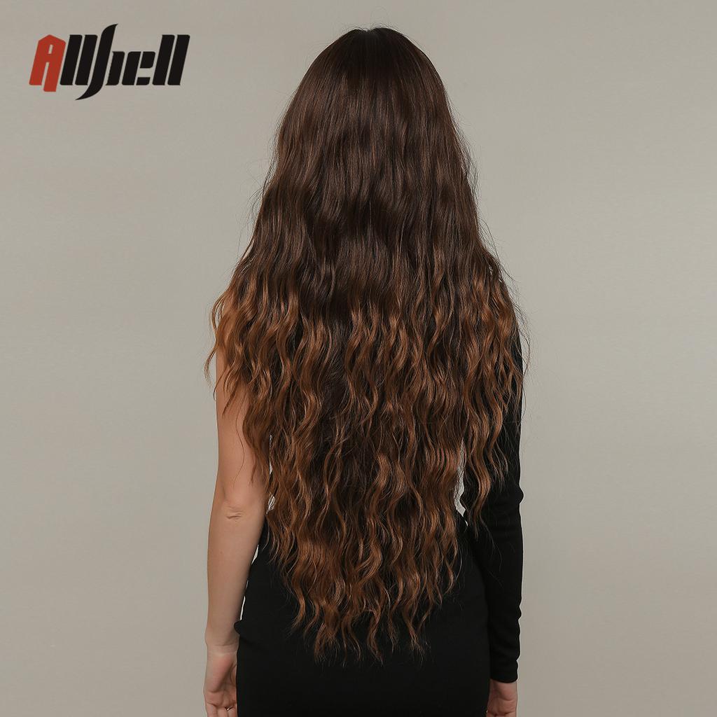 Ombre Темно-коричневые вьющиеся парики с челкой для чернокожих женщин Длинные волнистые синтетические волосы для косплея Парик Термостойкое волокно Афро-повседневный парик