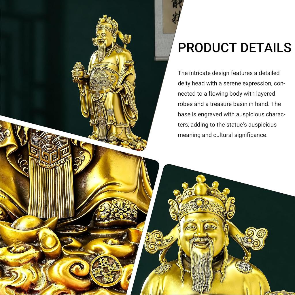 Aris & Juno Brass Standing God of Wealth Feng Shui Statue – Chinese Wealth & Good Luck Figurine for Entryway, Home Office Desk or Shelf Decor, Gift