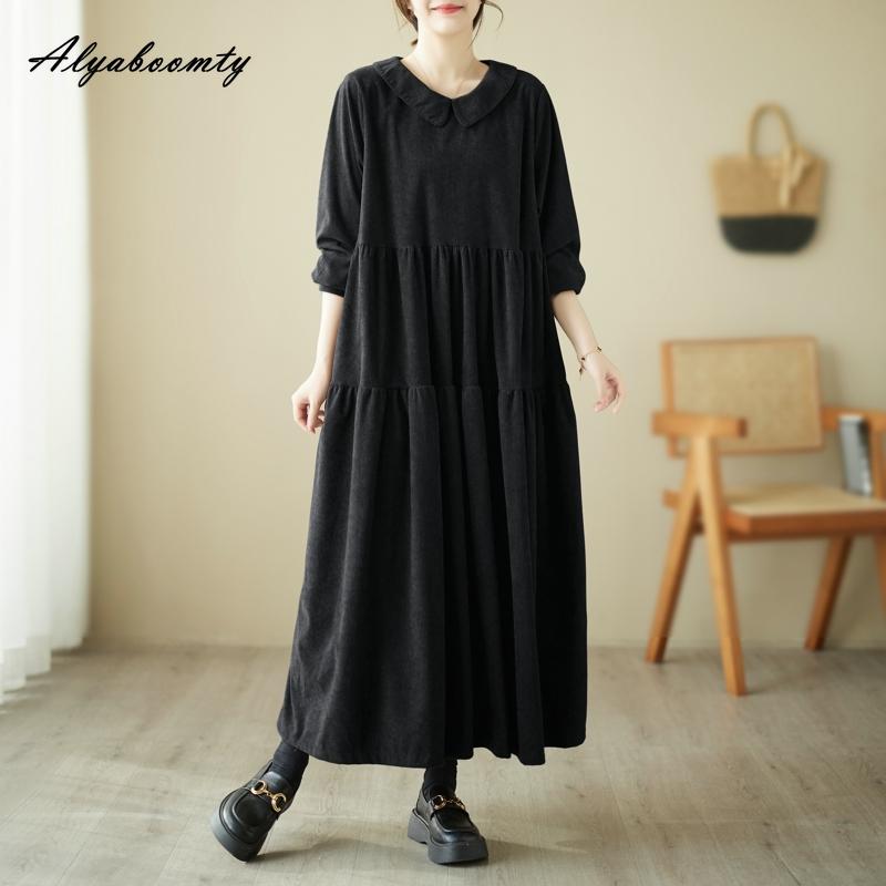 Плюс размер осень-весна женское платье большого размера с воротником Питера Пэна черно-зеленое кофейное повседневное свободное платье винтажное вельветовое платье с длинным рукавом