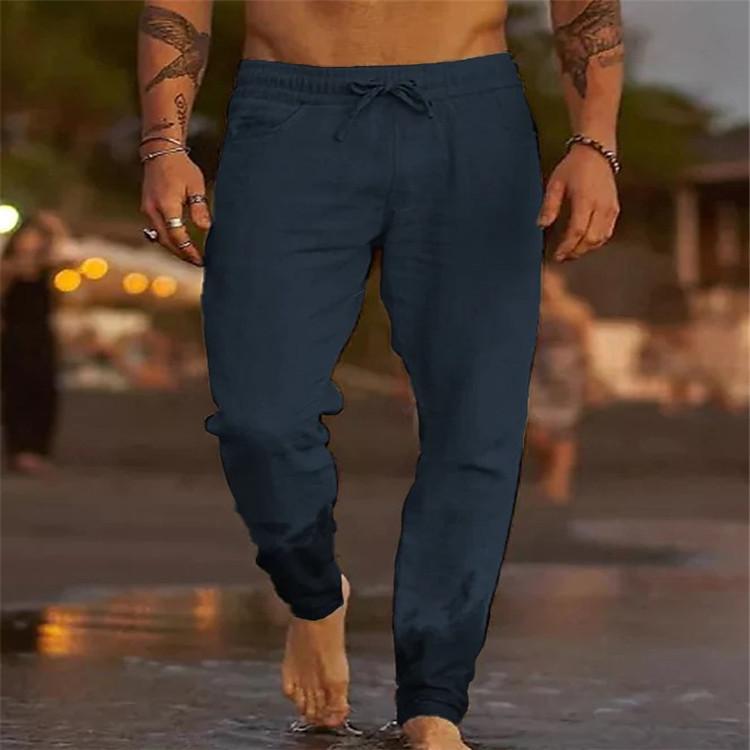 Men Elastic Waist Cotton Linen Long Pants Loose Casual Trousers