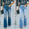 Women High Waist Denim Jeans Retro Washed Ripped Hole Flare Pants Ladies Casual Jeans