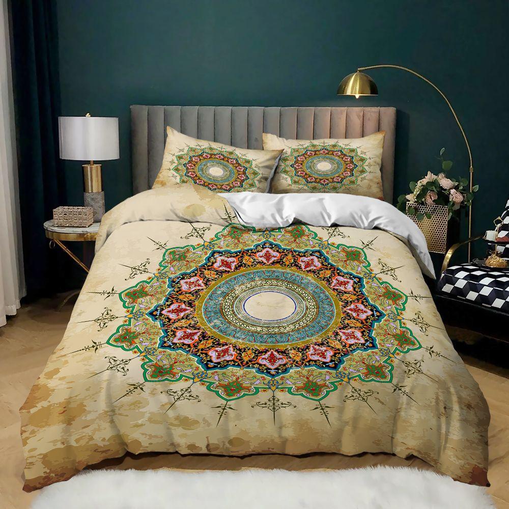 Комплект постельного белья Mandala с принтом «Мандала» из мягкой микрофибры с темно-синим принтом «Богемный шик» и медальоном, двуспальный пододеяльник размера «king-size»