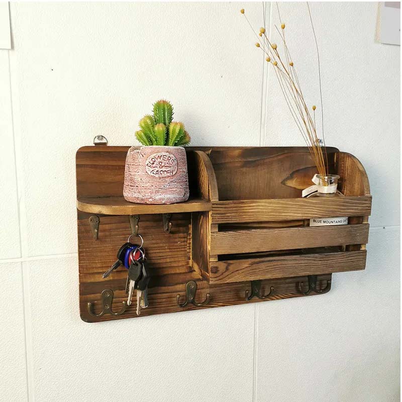 Wooden Wall-mounted Storage Rack Vintage Room Bedroom Study Key Hook Solid Wood Wall Debris Finishing Organizer Porch Decoration Key Storage Box