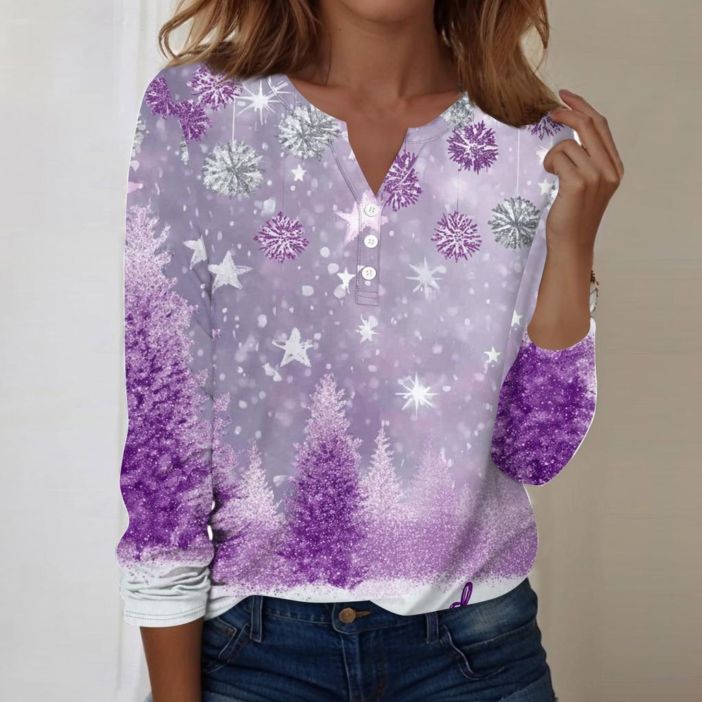 Women's Fashion Casual V-Neck Long Sleeve Decorative Button Christmas Print Top