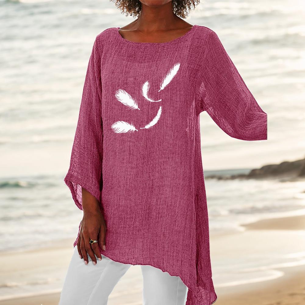 Women Fashion 3/4 Sleeve Top Round Neck Print Plus Size Blouse Thin Cotton Linen Shirt